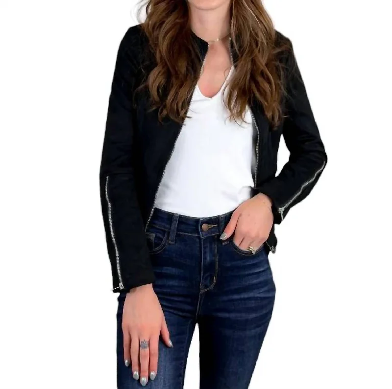 Premium Style Suede Cropped Moto Jacket In Black