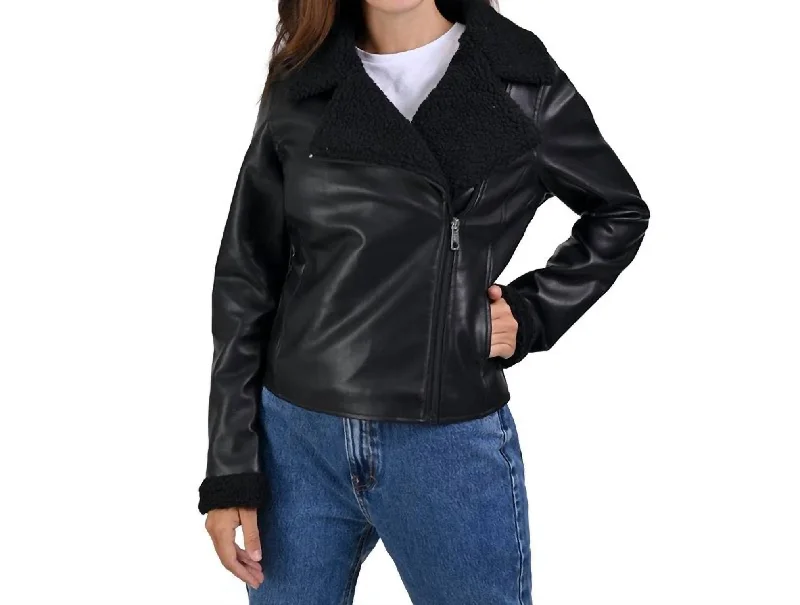 Flowy Fabric Synthetic Leather Biker Jacket In Black