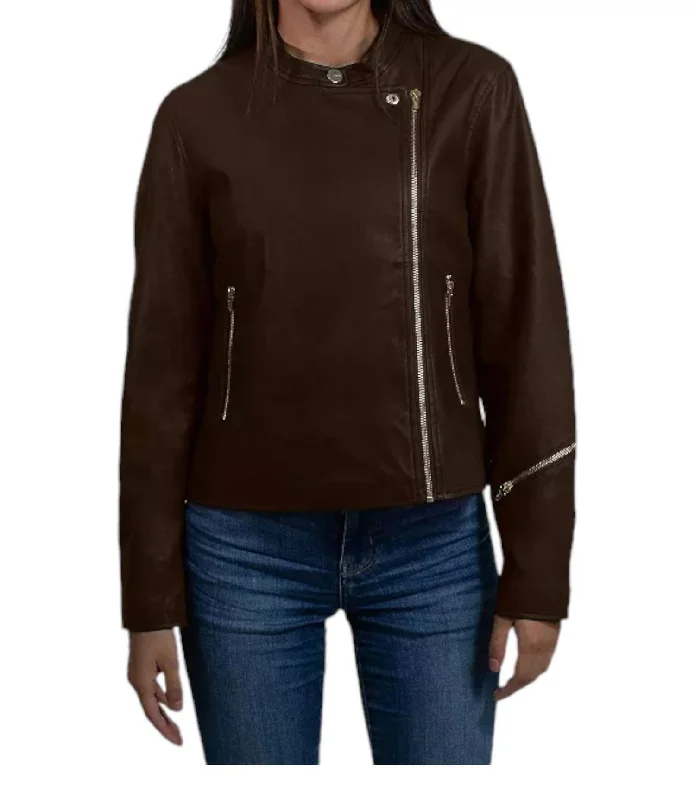 Polished Finish Synthetic Leather Biker Jacket In Brown