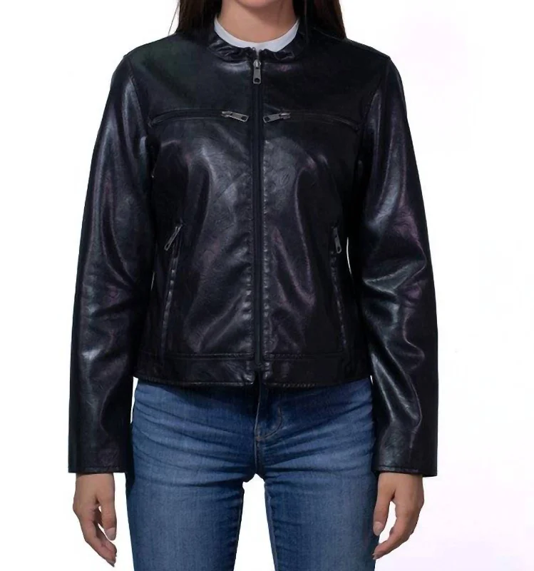 Casual Elegance Synthetic Leather Racer Jacket In Black