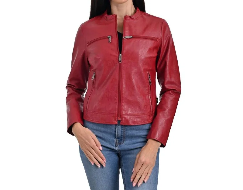 Trendy Fashion For Women Synthetic Leather Racer Jacket In Red