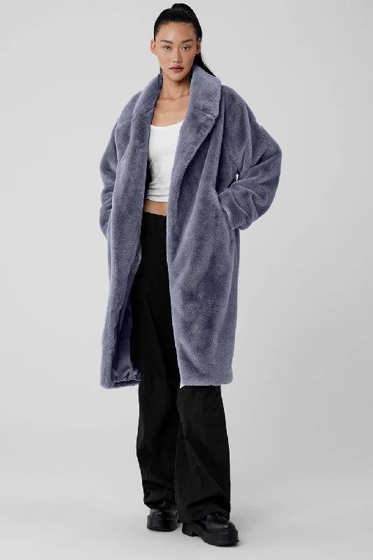 Mid - Week Surprise Oversized Faux Fur Trench - Fog