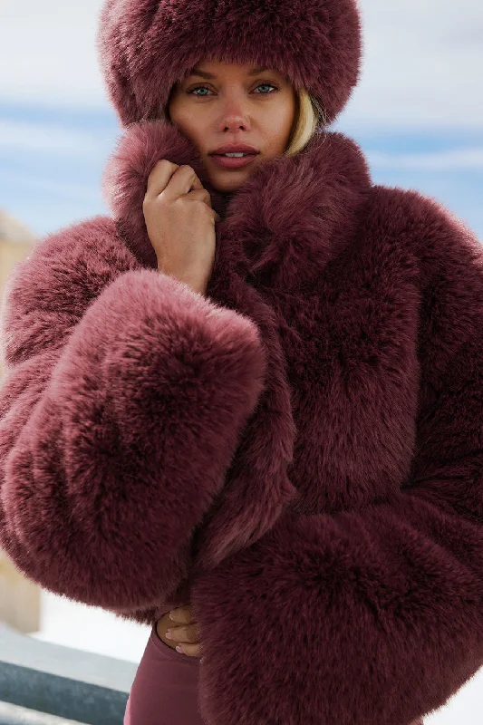 Holiday Sale Opulent Faux Fur Cropped Jacket - Burgundy Truffle