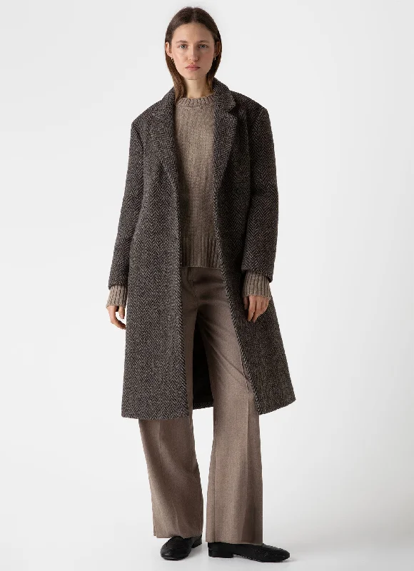 Season Sale Women's British Wool Coat in Brown Herringbone