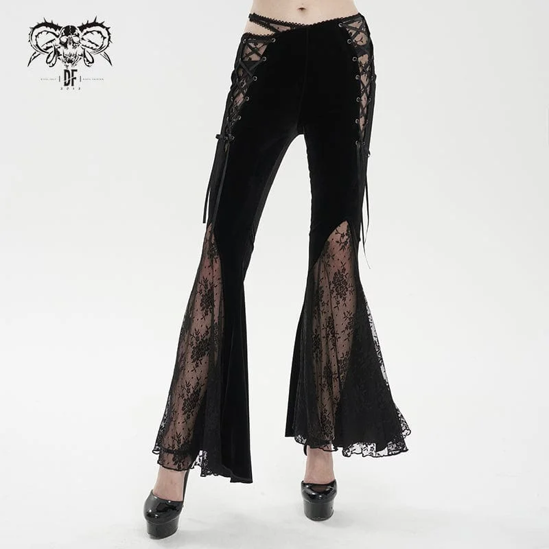 Limited - Edition Drops Women's Gothic Lace Splice Velvet Flared Pants