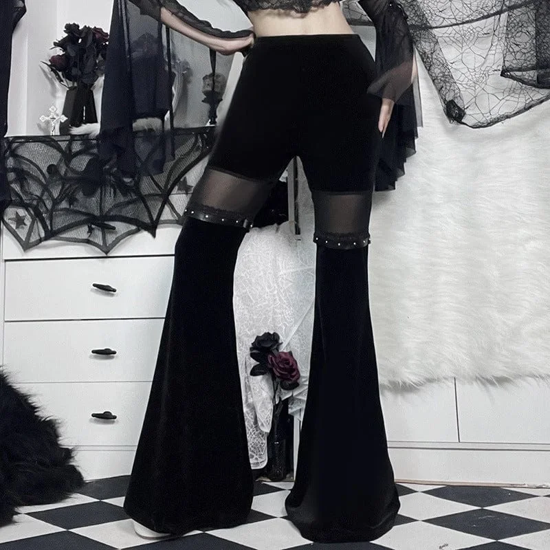 Budget Friendly Women's Gothic Mesh Splice Velvet Flared Pants