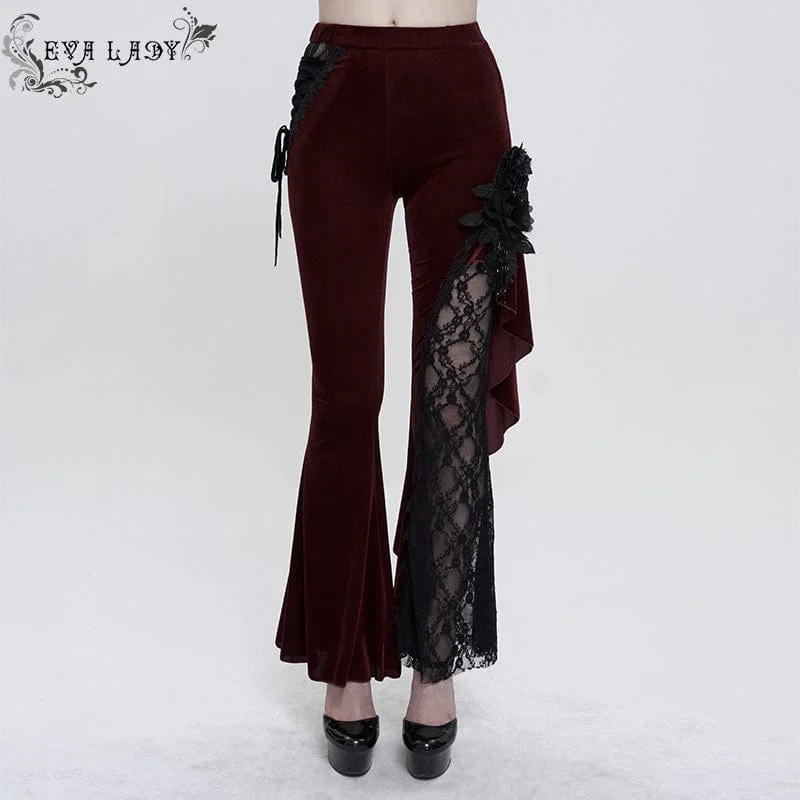 Style Streetwear Women's Gothic Strappy Lace Splice Flared Pants Red