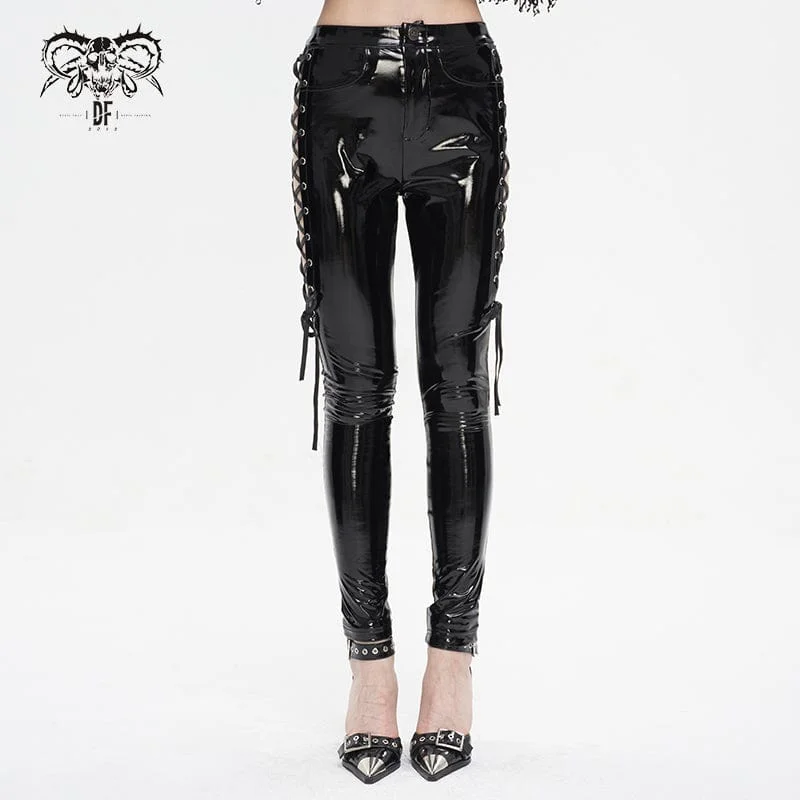 End Of Season Clearance Women's Punk Cutout Lace-up Patent Leather Pants