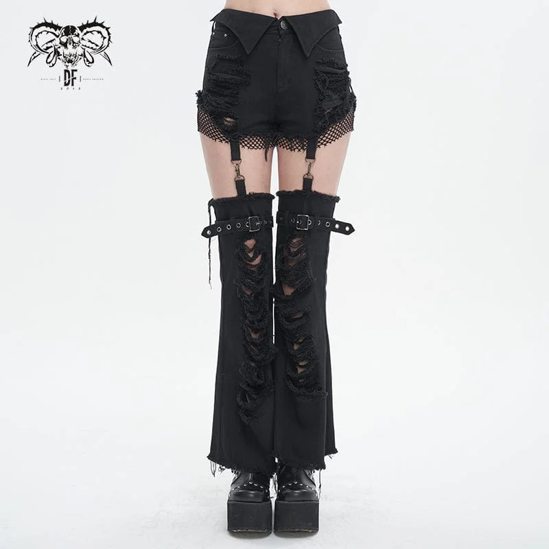 Cutting Edge Fashion Women's Punk Detachable Mesh Splice Ripped Pants