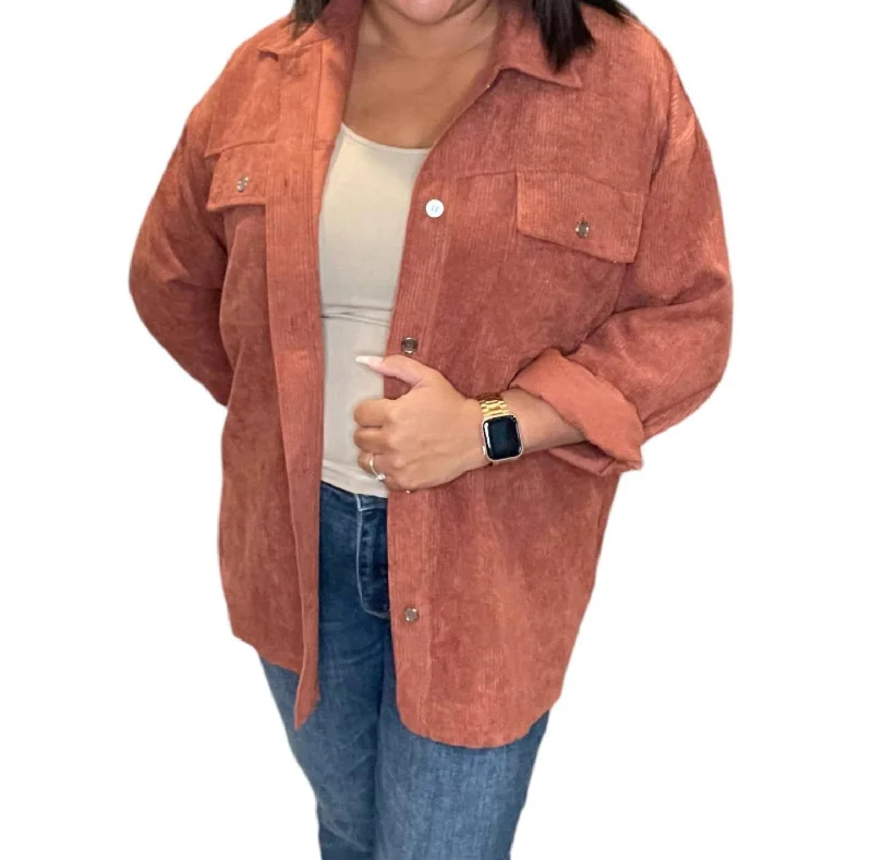 Y2K Nostalgic Fashion Look Corduroy Button Down Fall Shacket In Cinnamon